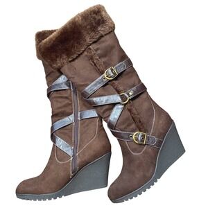 Y2K Boho Brown Faux Suede Fur Trim Wedge Tall Boots Size 7